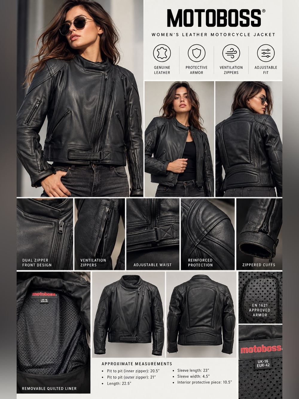 MotoBoss Women’s Black Leather Armored Motorcycle Biker Jacket UK 16 EUR 42